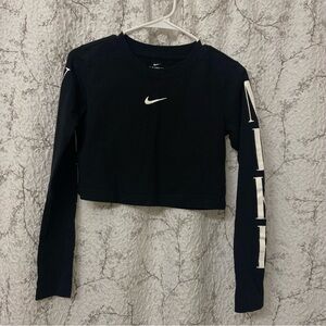 Nike Black Long-Sleeve Cropped Swoosh Tee with White Sleeve Logo Size S